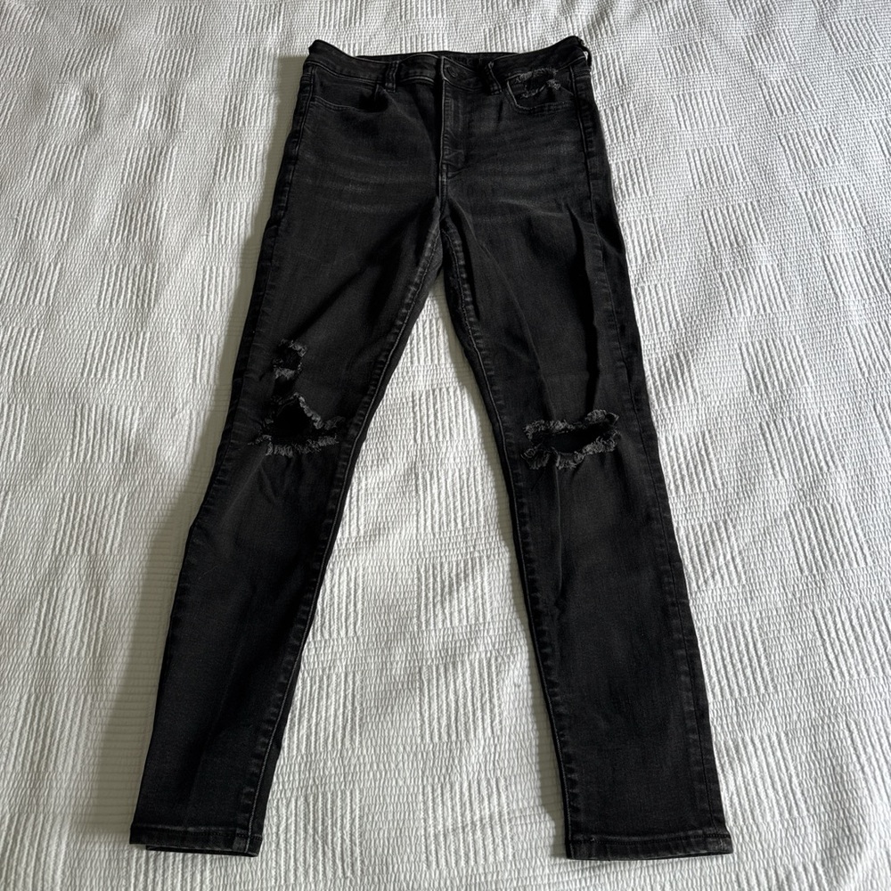 American Eagle Outfitters Super Hi-Rise Black Skinny Jeans Distressed